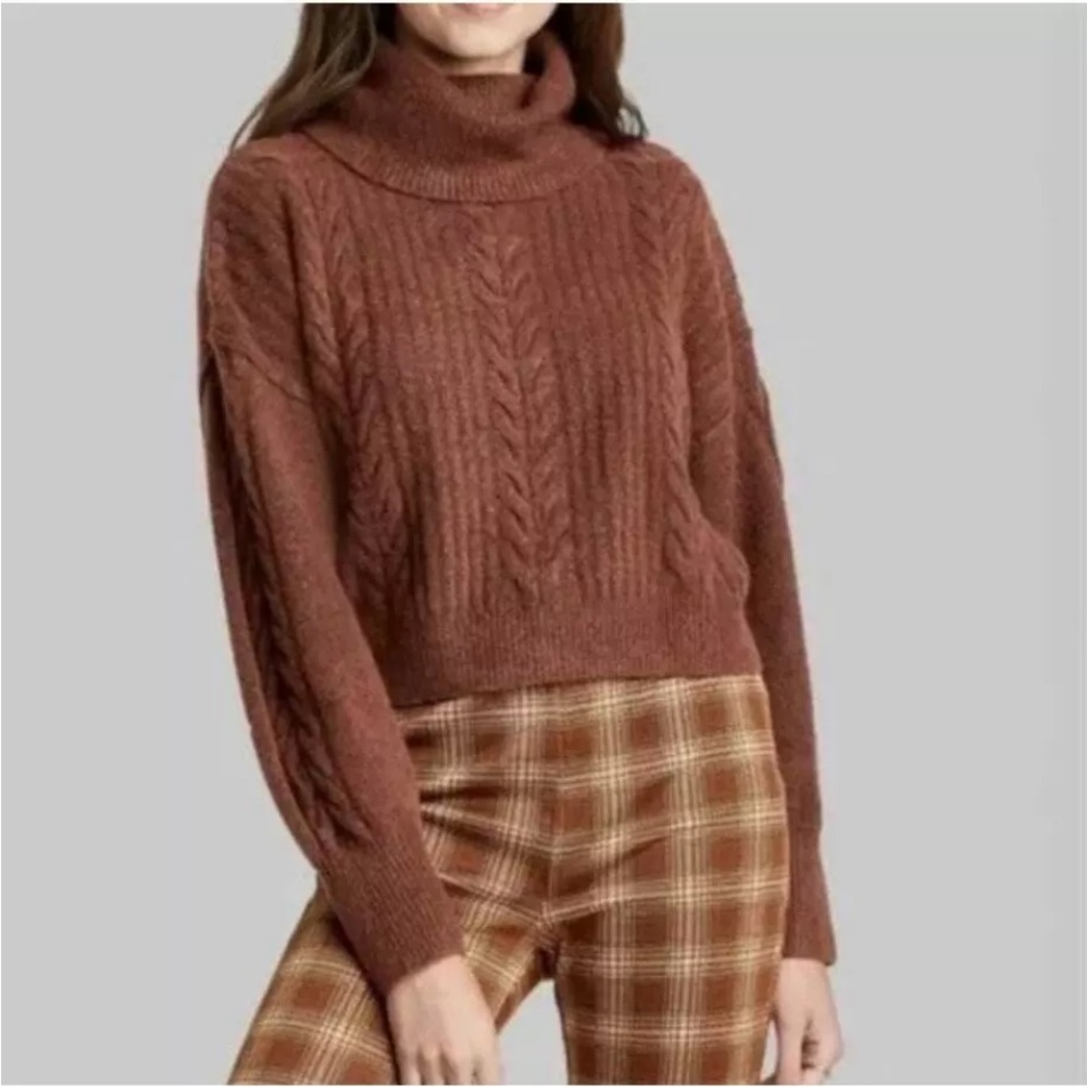 Wild Fable cropped cowl neck brown cable knit sweater turtle fisherman